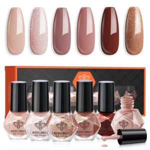 modelones Nail Polish Set 6 Colors, Nude Brown Burgundy Glitter Quick Dry Mini Nail Lacquer Kit, Skin Tone Dark Red Pink Nail Art DIY Home Travel Salon Nail Art Manicure Gift for Women Girls
