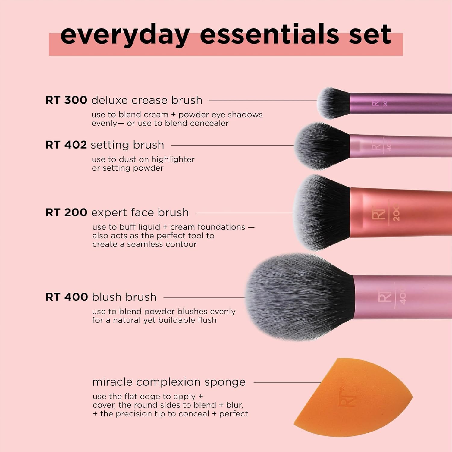 Real Techniques 6 Piece Everyday Essentials Makeup Brush Set, Includes 4 Brushes & 2 Makeup Sponges, For Foundation, Blush, Bronzer, Contour, Eyeshadow, & Powder, Travel Gift Set, Cruelty-Free & Vegan - Image 4