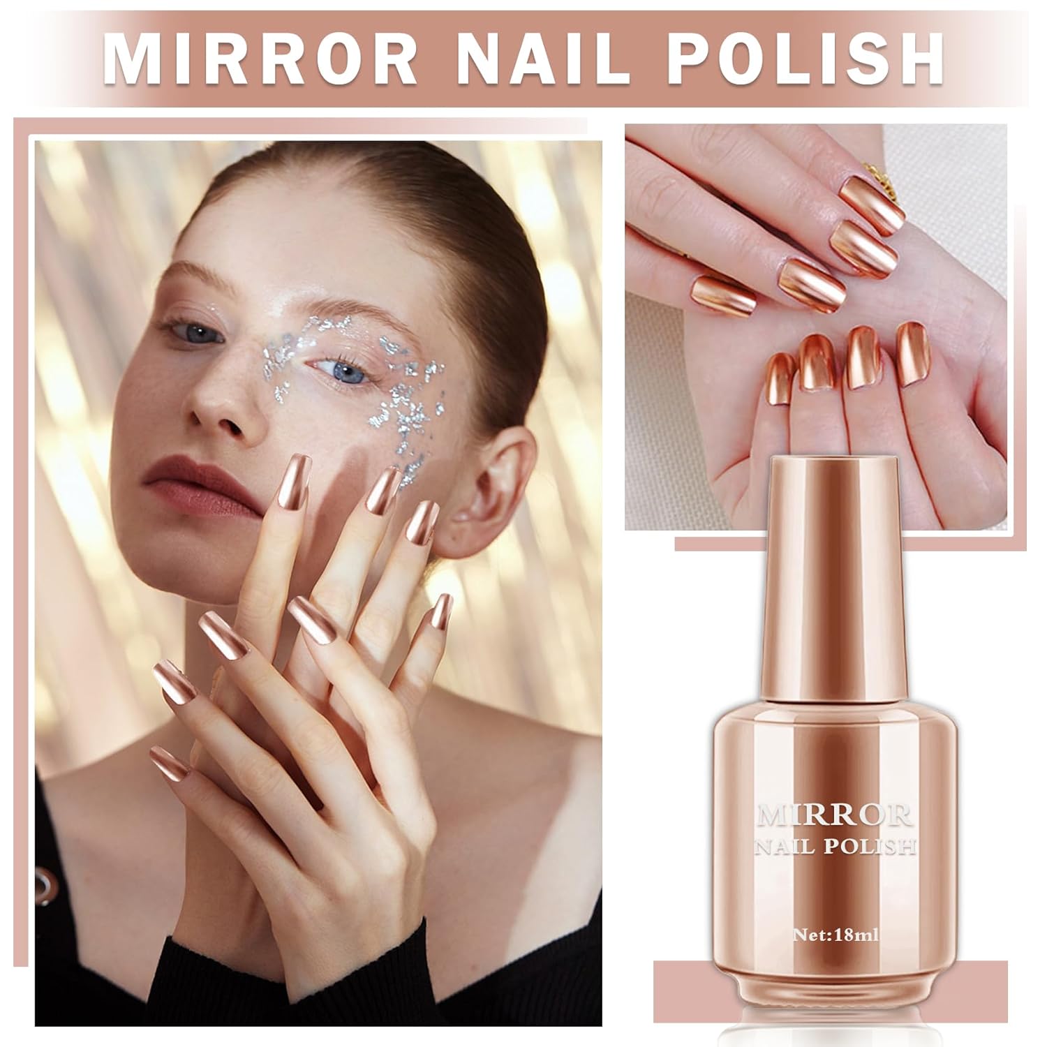 Mirror Nail Polish - Metallic Chrome Nail Polish with Long Lasting Mirror Effect, Quick Dry - Champagne Gold (18ML) - Image 2