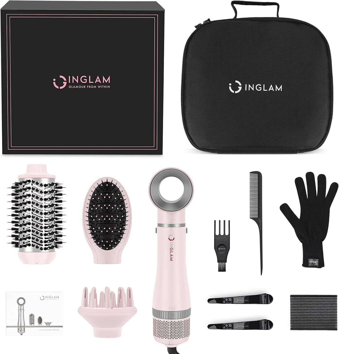 IG INGLAM 4 in 1 Blowout Hair Dryer Brush Set - Negative Ion Detachable Hair Dryer, Volumizer Styler with 2 Brush Heads, Pink - Image 8