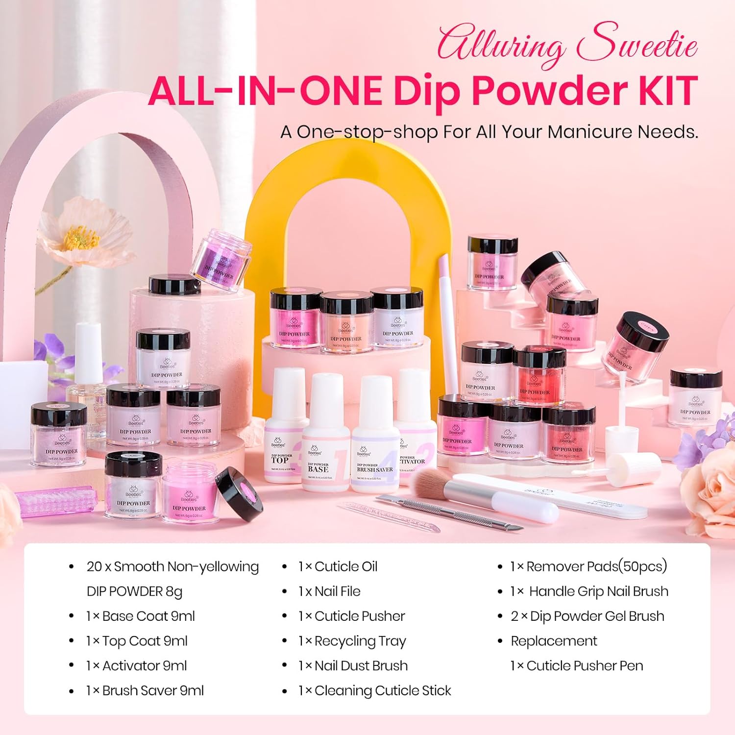 Beetles Dip Powder Nail Kit 36pcs 20 Colors Nude Hot Pink Red Glitter White Dip Nails Powder Starter Kit with Base Top Coat Activator Cuticle Oil Nail Set for Women Alluring Sweetie Collection - Image 2