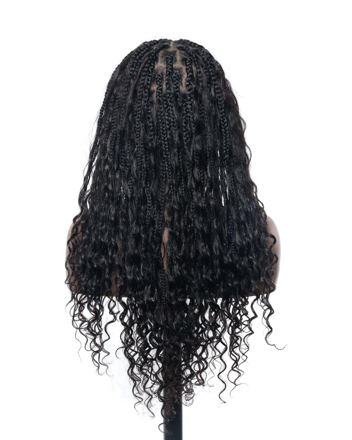 Human Hair Boho Curls Hand-Tied Full Lace Wig - 24" Small Box Braids (100 Braids, Full Version) Pre-Cut Swiss HD Lace, Lightweight, Pre-Plucked, Knotless, Tangle-Free Braided Wig | Black 1B - Image 6