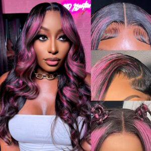 Ombre Lace Front Wig Human Hair 1B/Pink 13x4 Skunk Stripe Highlight Colored Wigs Human Hair Body Wave HD Frontal Wigs Human Hair Pink And Black Wig Glueless Wigs Human Hair 180% Density 22 Inch