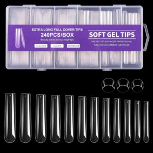 Nail Tips Square 3XL Tips, 240 PCS Soft Gel Tips Extra Long Square Straight Fake Nails 12 Sizes Full Cover Clear Acrylic False Nail Extension for Manicure Home DIY with Box