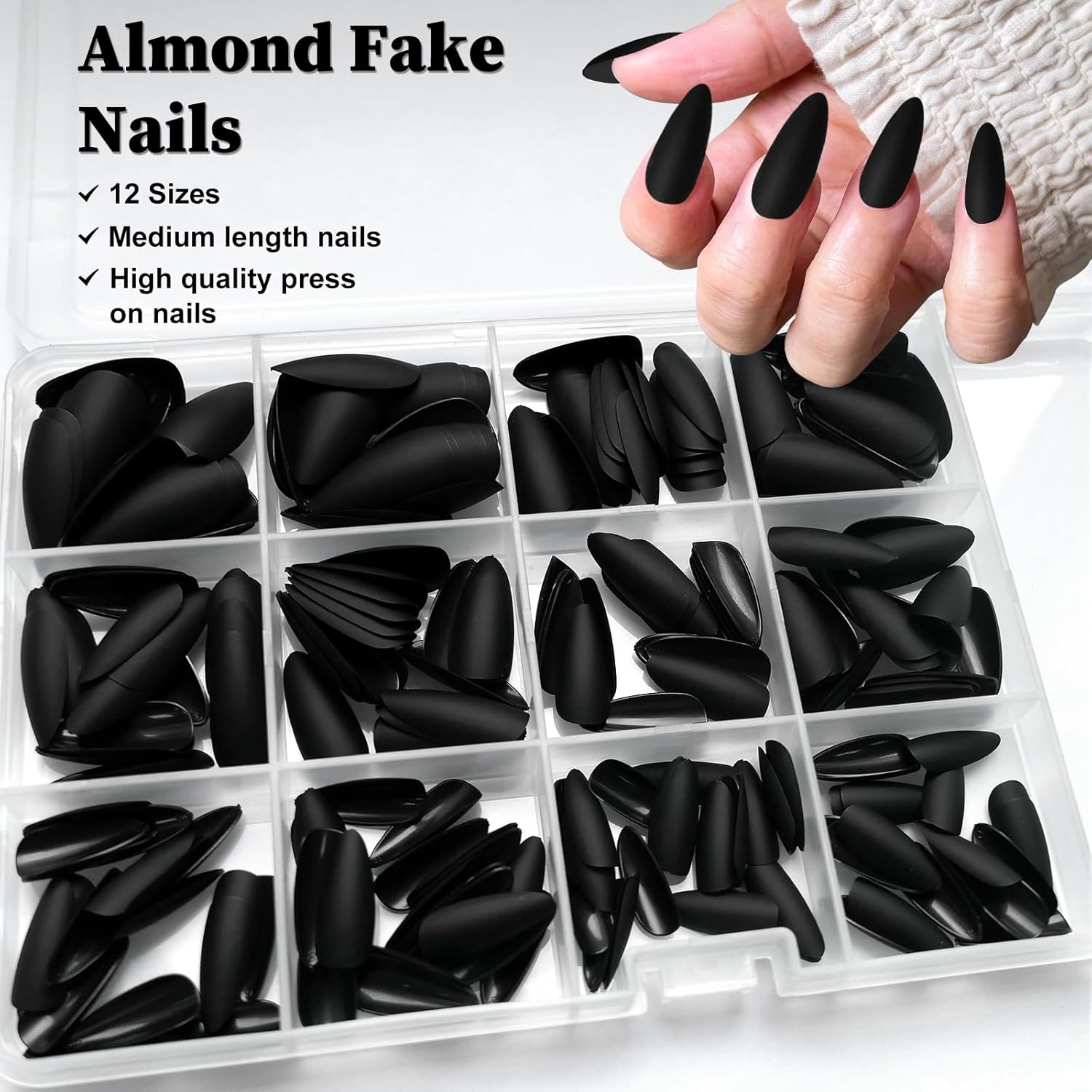 240pcs Almond Press on Nails, Matte Black Fake Nails Medium Acrylic Nails Press Ons False Glue on Nails Kit with 5 Sheets Adhesive Tabs for Women Girls - Image 3