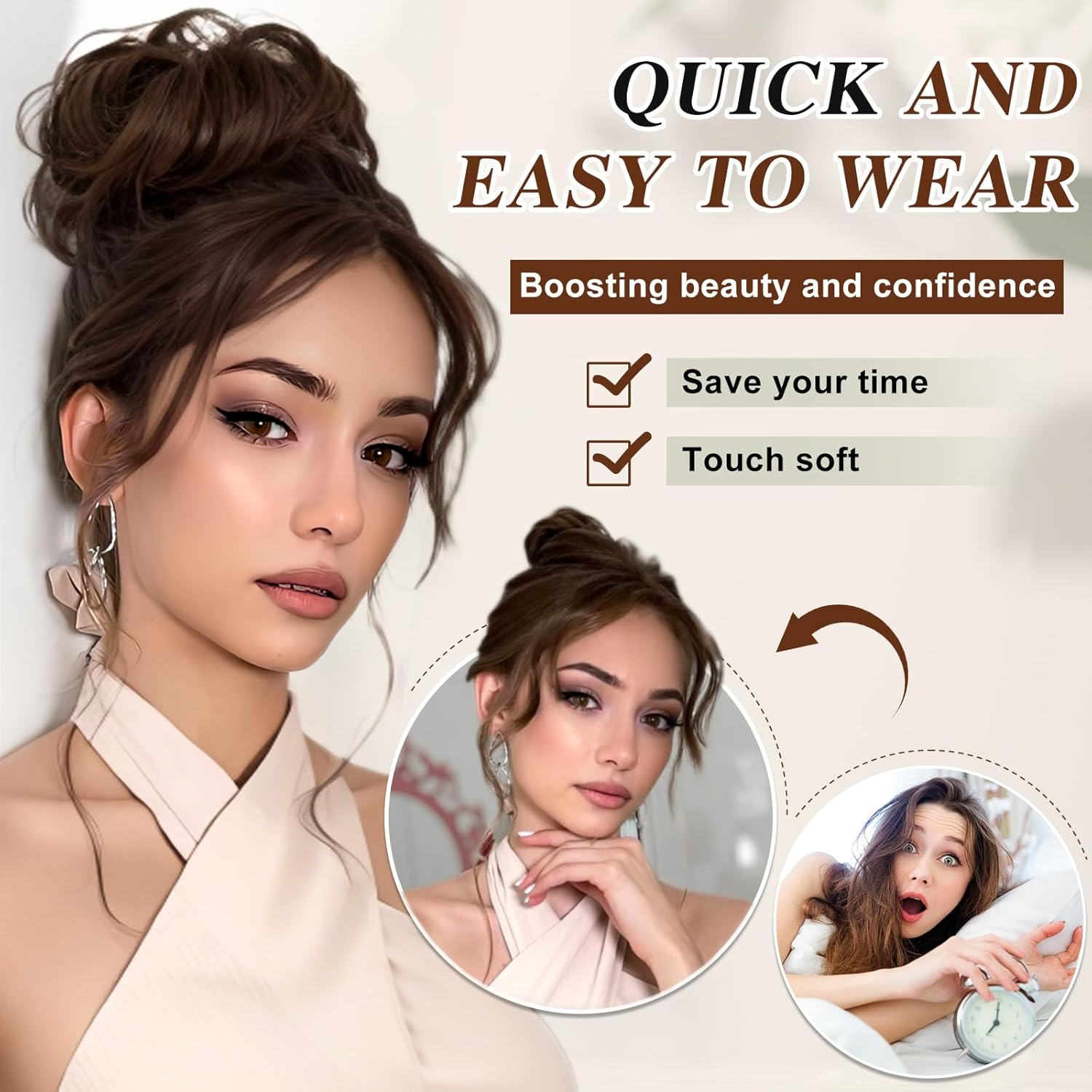 HMD 100% Human Hair Bun Messy Bun Extensions Human Hair Messy Rose Bun Hair Piece Curly Hair Bun with Elastic Band Bun Extensions Tousled Updo Hairpieces for Women(Medium Brown) - Image 5