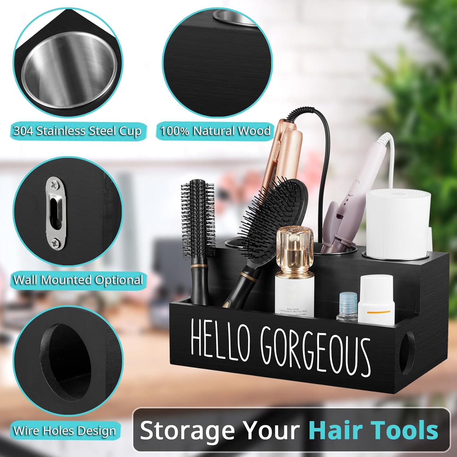 Wooden Hair Tool Organizer for Countertop or Wall Mount, Holds Blow Dryer and Curling Wand, Black - Image 3
