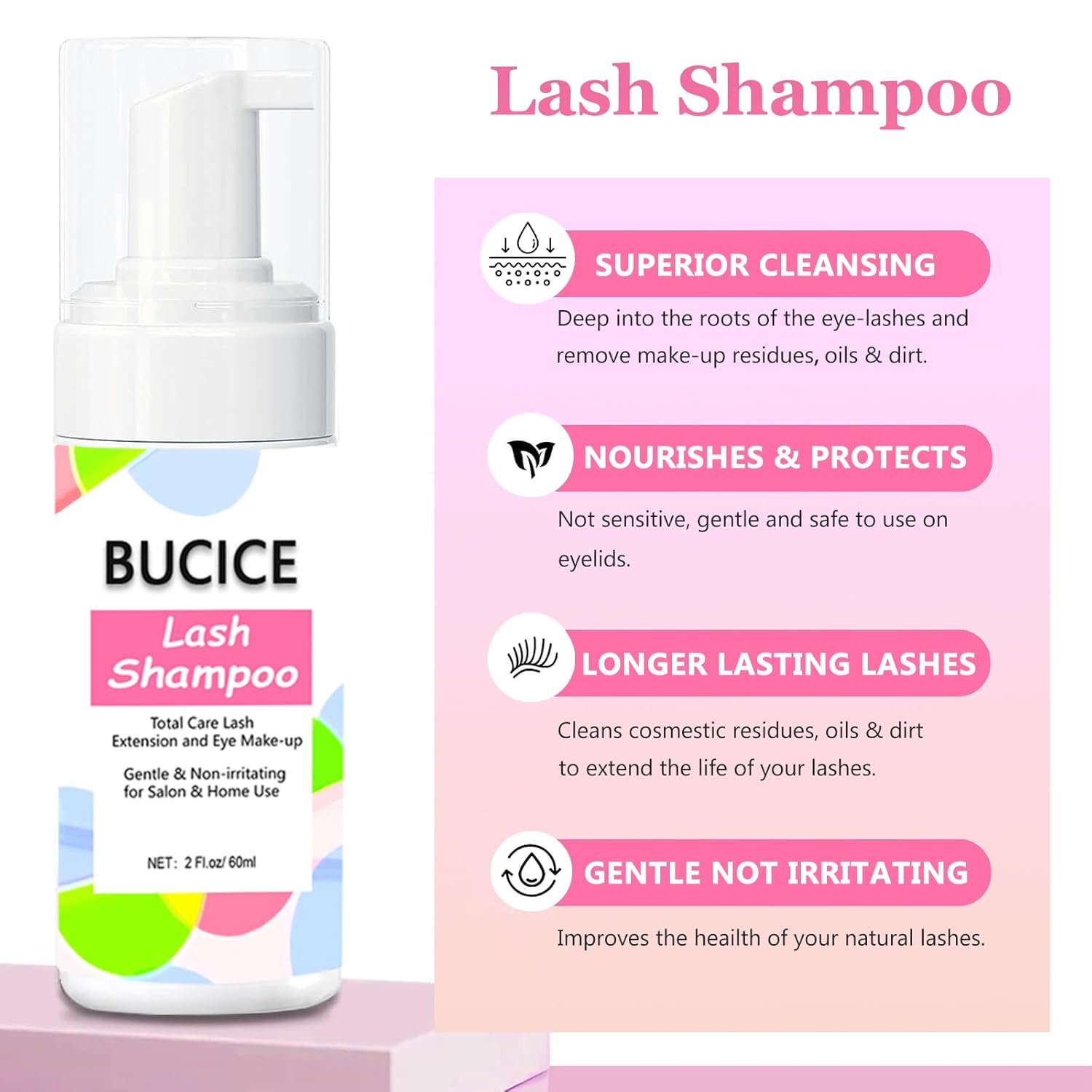Premium Lash Shampoo and Cleanser Kit with Lash Fan, 60ml Eyelash Foam Cleanser, Facial Cleansing Brush, Eyelash Brush and Wash Bottle for Eyelash Extensions - Effective Eyelash Cleaning Solution - Image 4