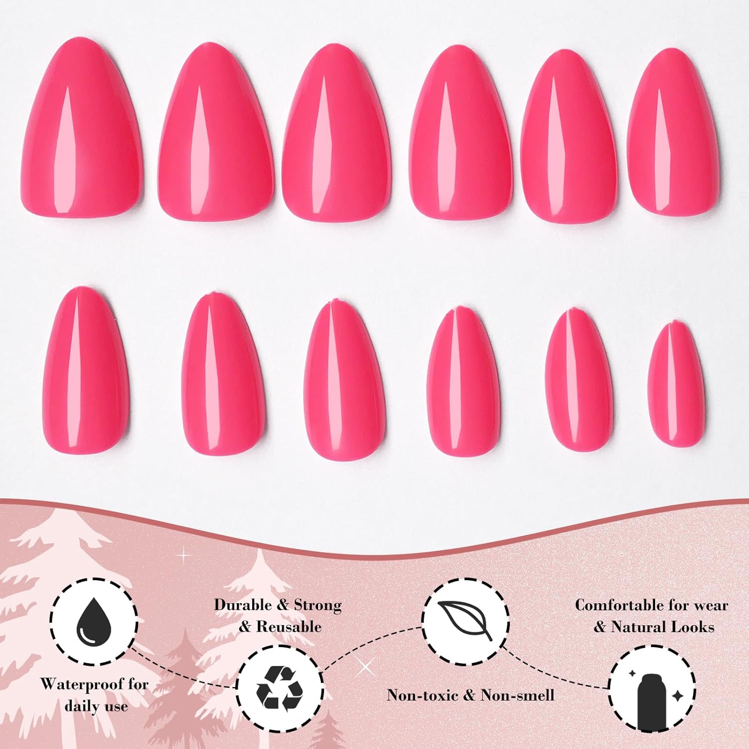 LoveOurHome 240pc Short Almond Hot Pink Full Cover Press on Artificial Fingernails - Image 4