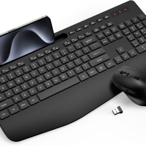 Wireless Keyboard and Mouse Combo - Full-Sized Ergonomic Keyboard with Wrist Rest, Phone Holder, Sleep Mode, Silent 2.4GHz Cordless Keyboard Mouse Combo for Computer, Laptop, PC, Mac, Windows -Trueque
