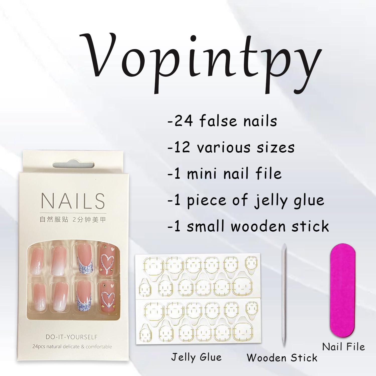 Blue Glitter French Tip Heart Press on Nails Medium Square Fake Nails Glossy Gradient False Nails with Rhinestones Design Reusable Stick on Nails Glue on Nails Acrylic Artificial Nails for Women - Image 5
