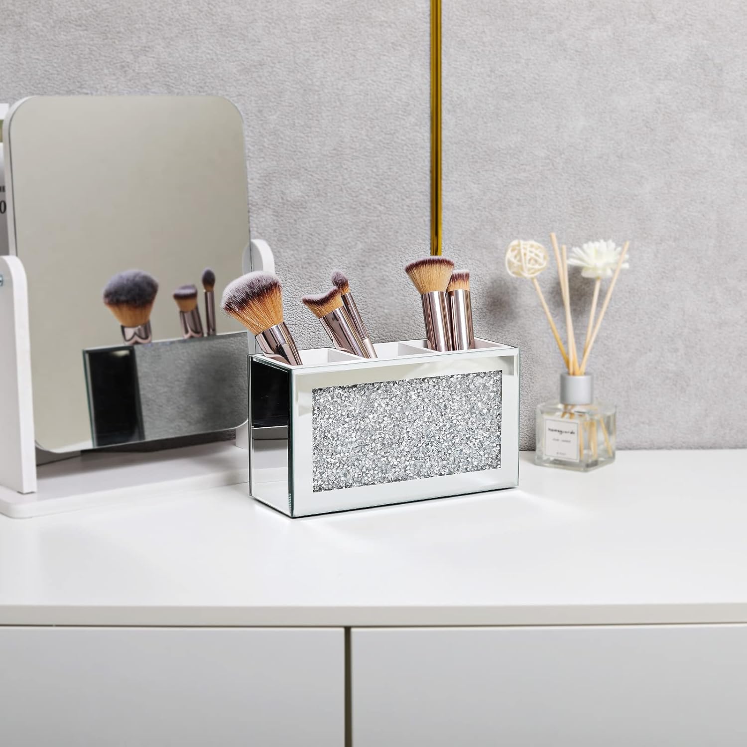 SWTHONY Silver Makeup Brush Holder Organizer, Bling 3 Slot Crushed Diamond Crystal Mirrored Cosmetic Brushes Storage, Eyeliners Eyebrow Pencil Display Case - Image 2