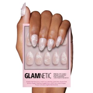 Glamnetic Press On Nails - Snowfall | Semi-Transparent Snowflake & 3D Pearl Accent Almond False Nails, Reusable Stick On Fake Nails with Glue | Salon Quality | 15 Sizes - 30 Nail Kit