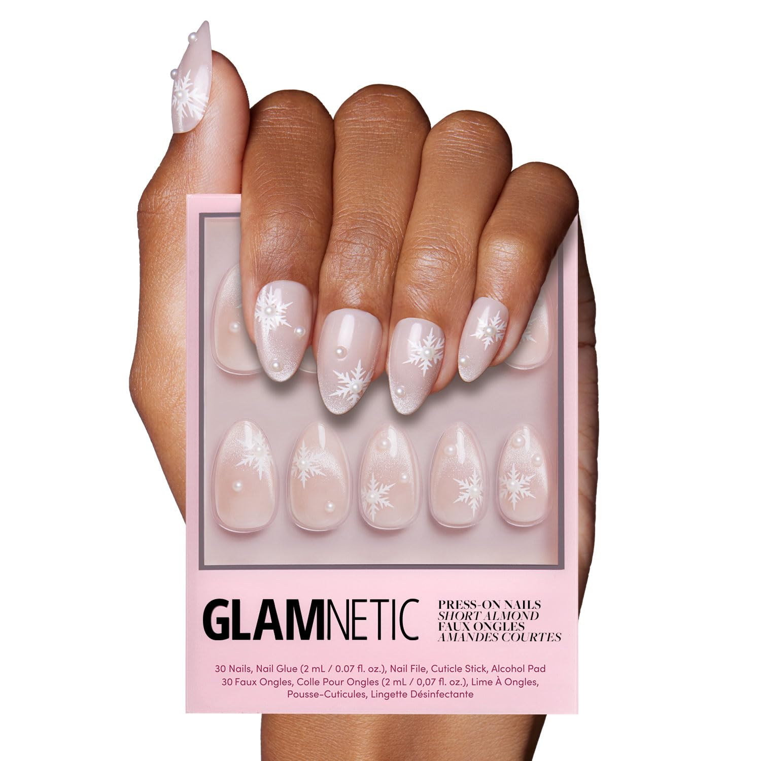 Glamnetic Press On Nails - Snowfall | Semi-Transparent Snowflake & 3D Pearl Accent Almond False Nails, Reusable Stick On Fake Nails with Glue | Salon Quality | 15 Sizes - 30 Nail Kit