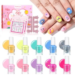 TOMICCA Kids Nail Polish Set, Non Toxic Quick Dry Water-Based Peel-Off 10 Colors Toddler Nail Polish Kit Natural Safe Quick Diy Nail Polish Gifts Kit for Girls Ages 5+