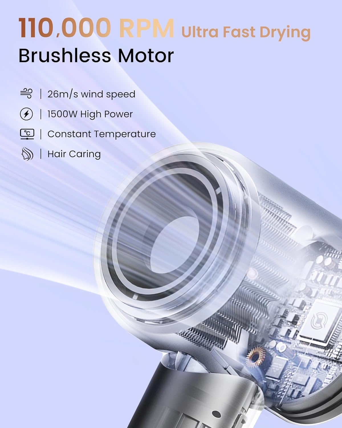 Ionic Hair Dryer High Speed Blow Dryer with 110000 RPM Brushless Motor Fast Drying - LED Display, Thermo-Control, Low Noise Professional Portable Hairdryer for Travel, Salon, Home, Gift (Black) - Image 3