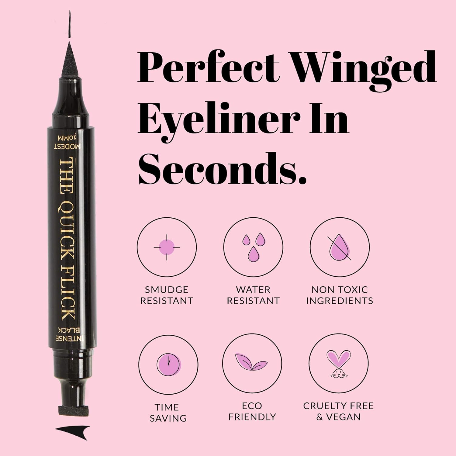 The Quick Flick Winged Eyeliner Stamp – Waterproof & Smudge Proof Vegan Cat Eye Stamp Eyeliner – 4mm Thick Winged Stamp & 10mm Modest Felt-Tip Liquid Hypoallergenic Eyeliner Pen (Intense Black-2 Pen) - Image 4