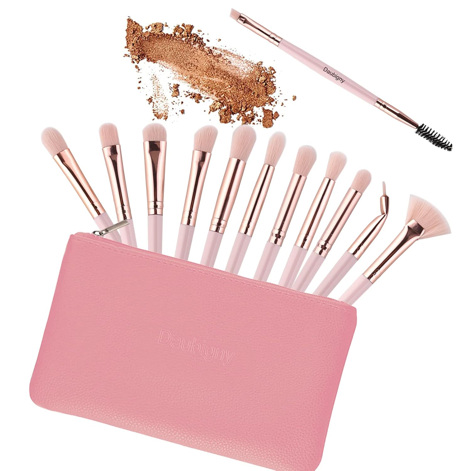Daubigny Eye Makeup Brushes,12 PCS Professional Eye shadow, Concealer, Eyebrow, Foundation, Powder Liquid Cream Blending Brushes Set With Carrying Bag(Pink) - Image 4