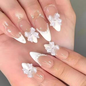 White French Tip Press on Nails Almond Medium Fake Nails with Charms 3D Bow Pearl Acrylic False Nails Cute Artificial Nails Press ons Reusable Glue on Nails for Women and Girls 24Pcs