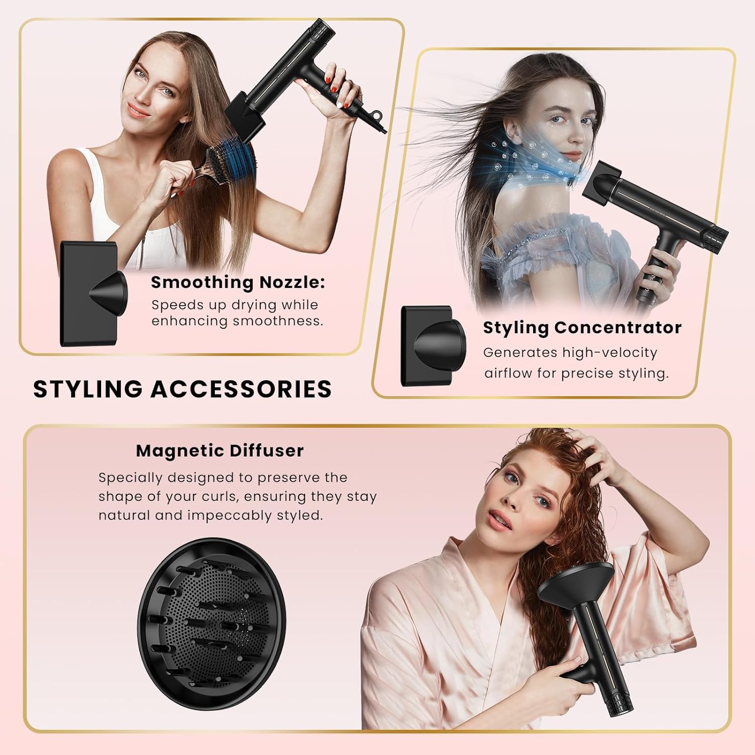 Professional High-Speed Hair Dryer with Diffuser Nozzle Low Noise Fast Drying Ion Blow Dryer Hair Care Intelligent Heat Airflow Control with LCD Display Travel Hair Dryer for All Hair Types - Image 4
