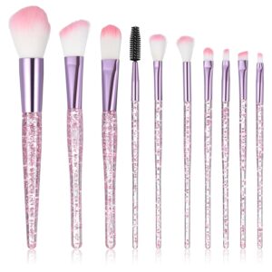 10 Piece Glitter Crystal Pink Makeup Brush, Bling Makeup Brushes, Eyeliner Blush Brush, Foundation Concealer Eye Shadow Brushes Tools Set for Women