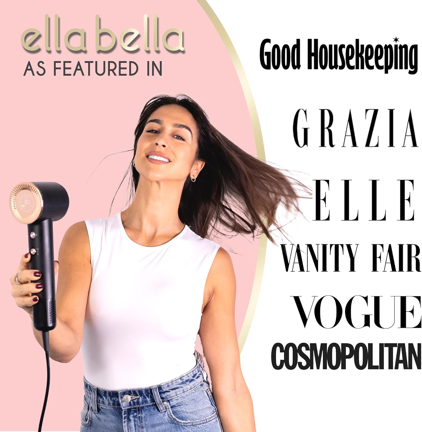 ELLA BELLA® Compact Plasma Hair Dryer, Advanced Plasma Technology Blow Dryer with Digital Display, Rapid Drying, Low Noise, & Luxury Velvet Travel Bag - Includes Diffuser & Nozzle- for All Hair Types - Image 3
