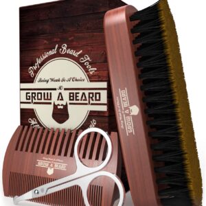 Beard Brush For Men & Beard Comb Set w/Mustache Scissors Grooming Kit, Natural Boar Bristle Brush, Dual Action Wood Comb, And Travel Bag Great For Christmas Gift (Brown)