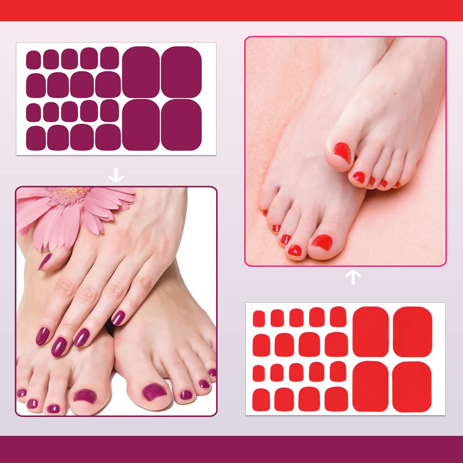 SILPECWEE Toe Nail Stickers Full Nail Wraps Red Solid Color Toenail Polish Strips for Women Self Adhesive Toe Stickers Polish Gel Toenails Stickers with 1pc Nail File (20 Sheets) - Image 4