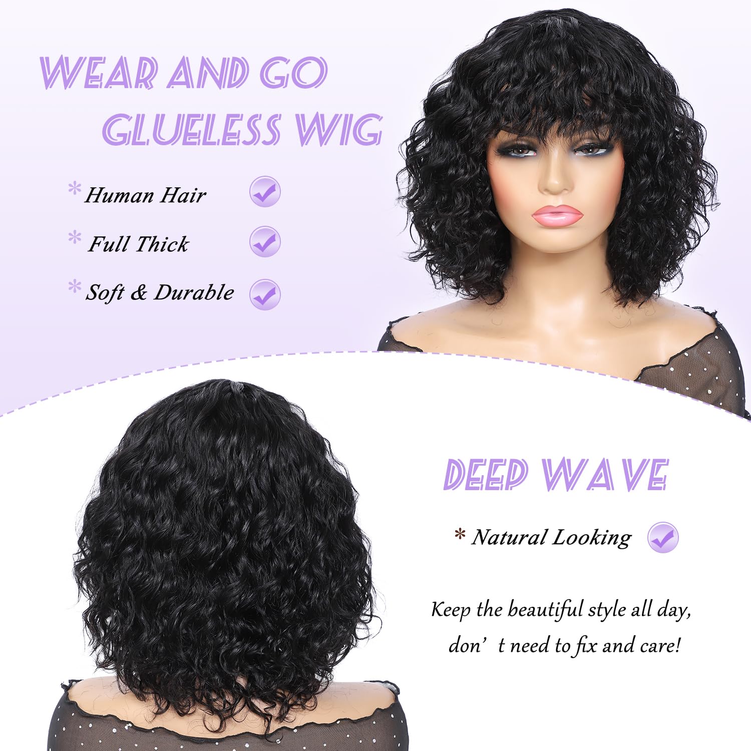 HUA Curly Wig With Bangs Human Hair for Black Women Glueless 12 Inch Water Deep Wave Bob Human Hair Wigs With Bangs for Black Women Short Curly Human Hair Wig With Bangs 180% Density - Image 3
