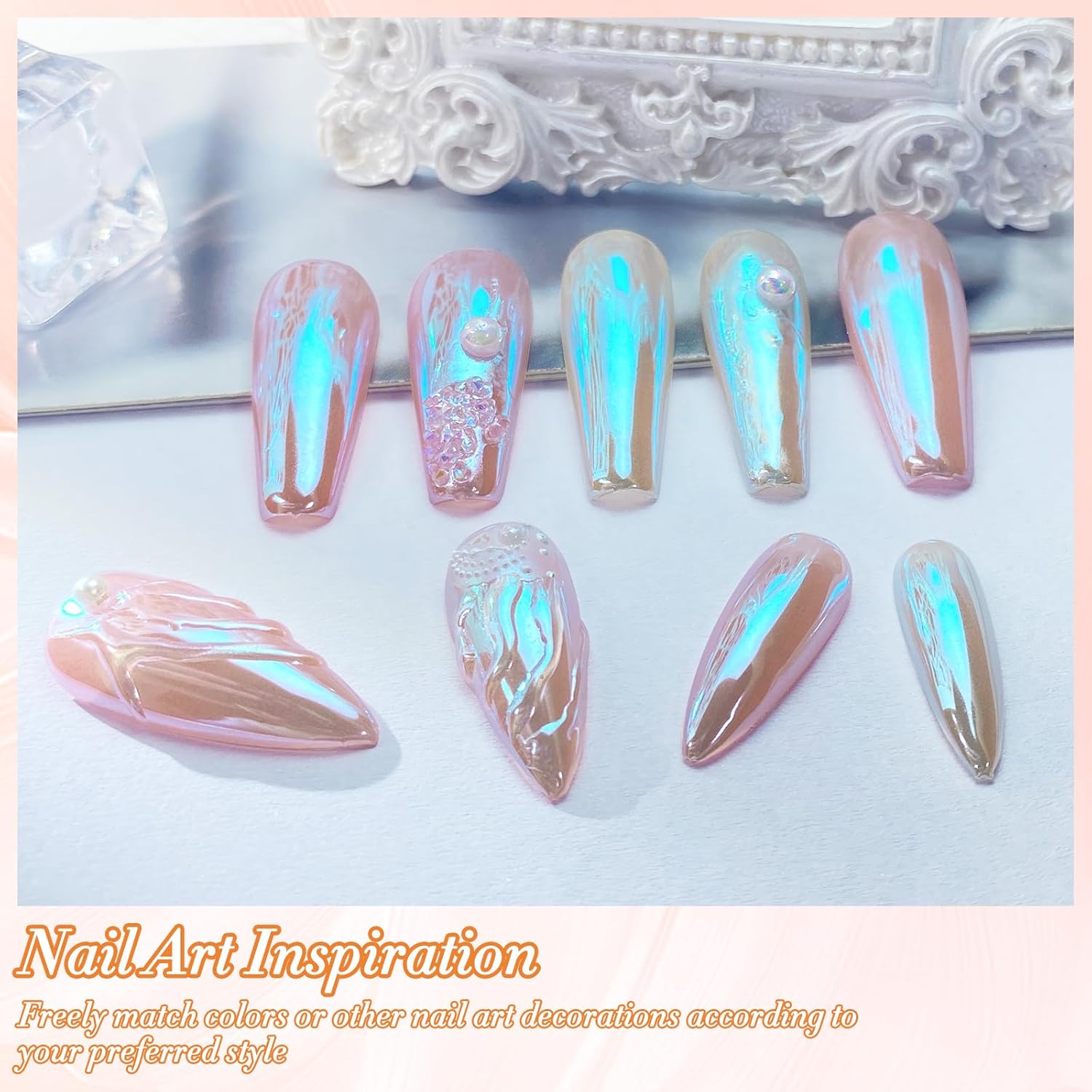Unicorn Chrome Nail Powder, Aurora Unichrome Mermaid Aurora Nail Powder Pigment Pearlescent Nail Art Glitter Decoration for Home DIY Nail Salon Manicure - Glacier Ocean - Image 4