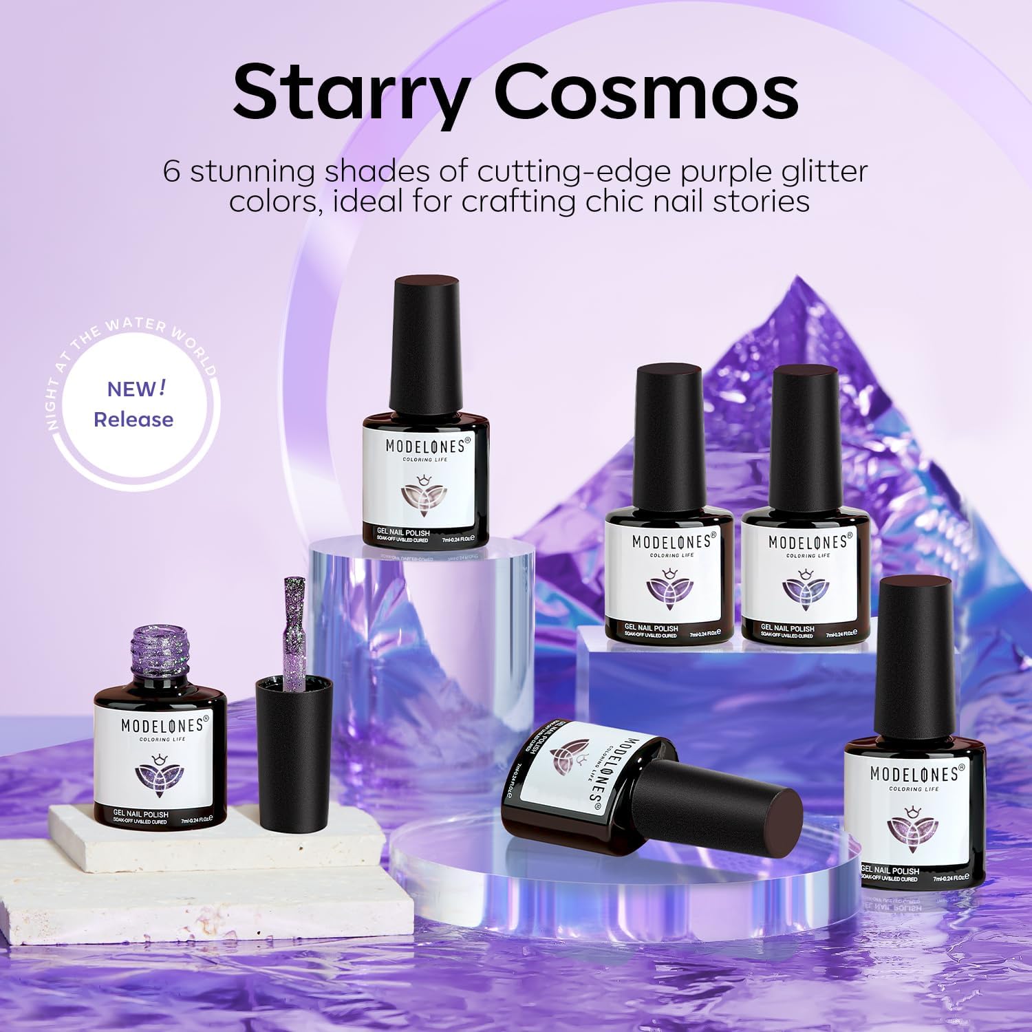 Modelones Purple Glitter Gel Nail Polish Set, 6 Colors Shimmer Violet Mermaid Gel Nail Cat Eye Sparkle Soak Off Led Nail Polish for Women Girl DIY Nail Art Gift - Image 5