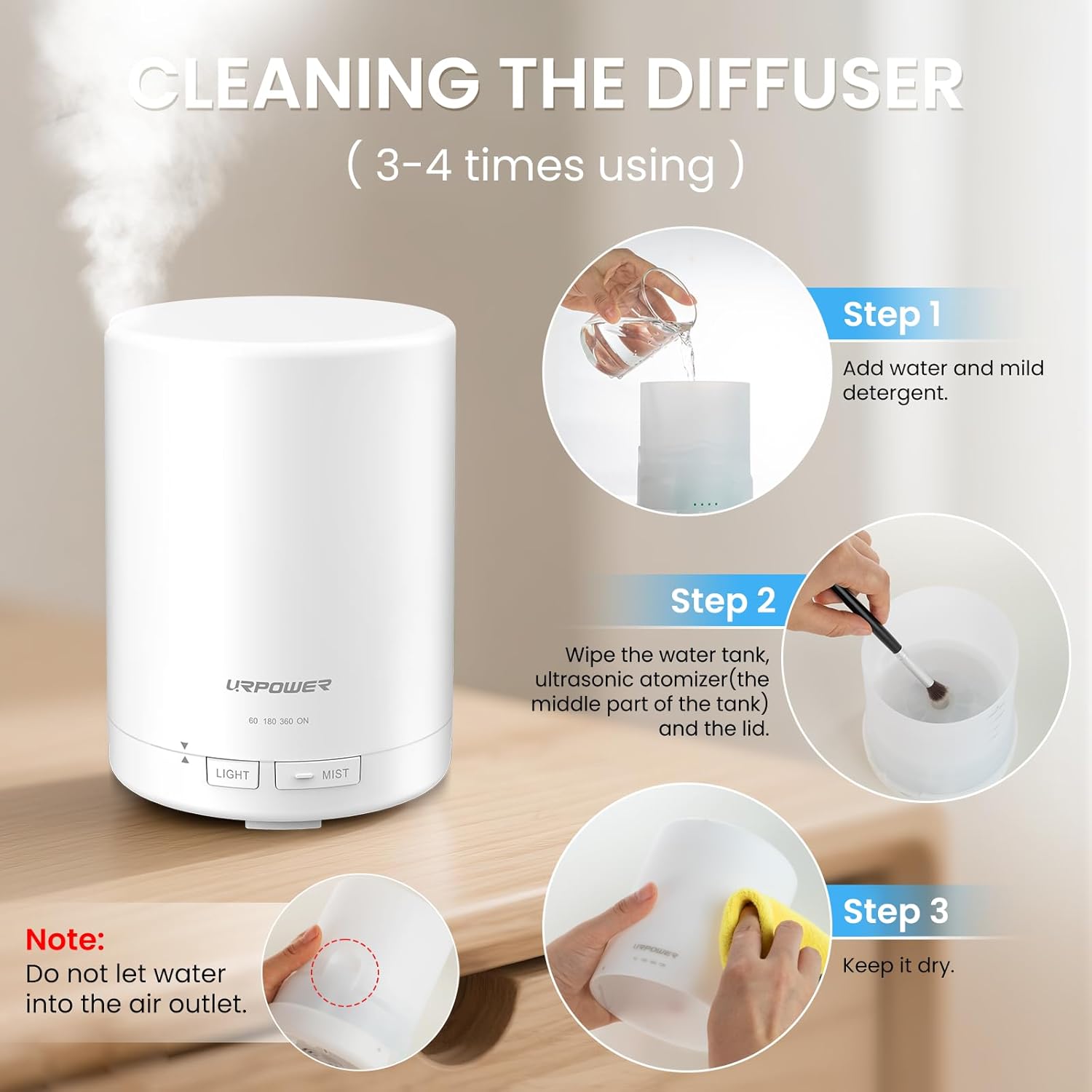 URPOWER 300ml Aromatherapy Essential Oil Diffuser Ultrasonic Air Humidifier AUTO Shut Off Scent Diffuser Night Light 7 Color Changing LED Lights and 4 Timer Settings for Bedroom Office Home - Image 6