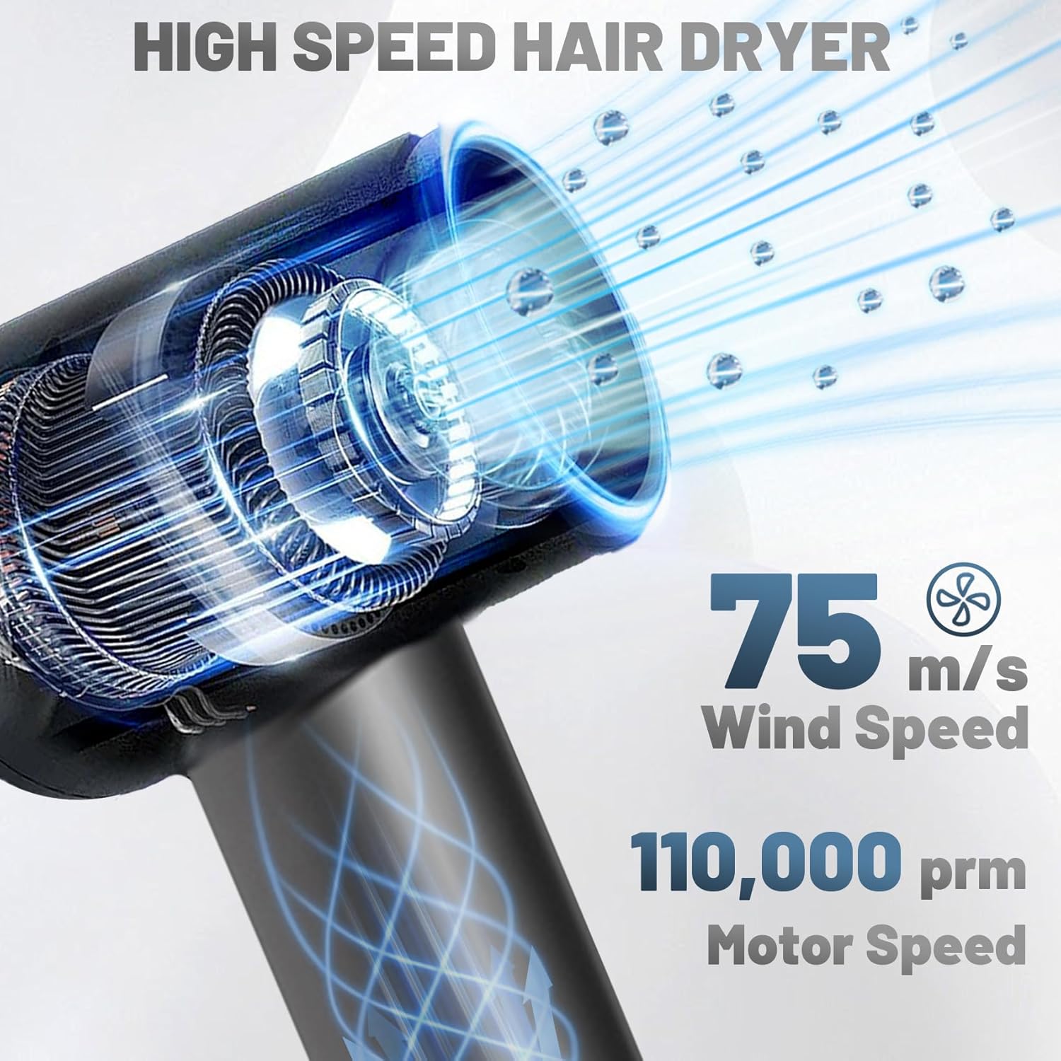 Hair Dryer, High Speed Negative Ionic Blow Dryer Professional with 75m/s Airflow, 110,000 RPM Brushless Motor, Fast Drying Lightweight Travel Hairdryer, Low Noise Magnetic Nozzle - Image 2