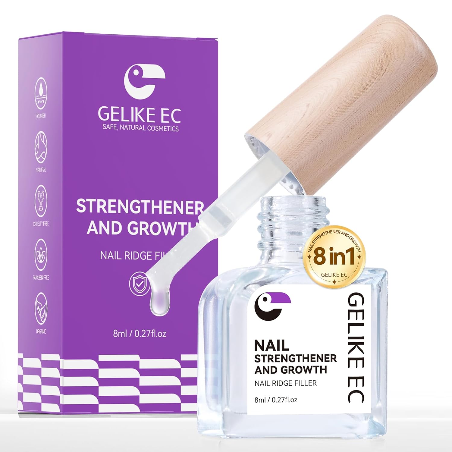 Gelike EC Ridge Filler Nail Strengthener: Extra Strong Nail Hardener for Damaged Nails & Growth Treatment for splitting nails - Organic, Vegan, Cruelty Free for Daily Home Salon