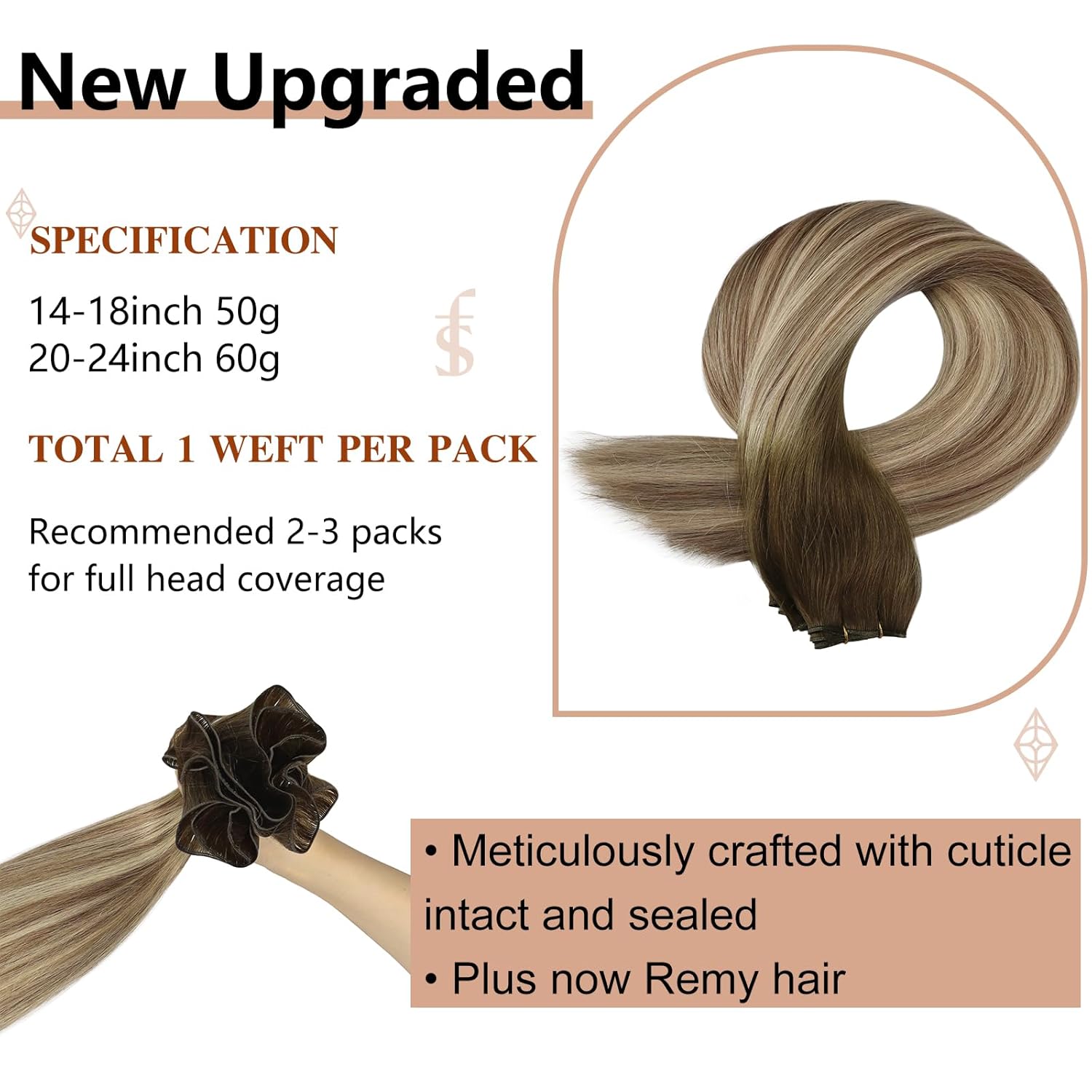 Full Shine Weft Hair Extensions Human Hair 20 Inch Hand Tied Hair Extensions Real Human Hair 60G Blonde Sew In Extensions For Women Hair Extension Wefts Human Hair - Image 3