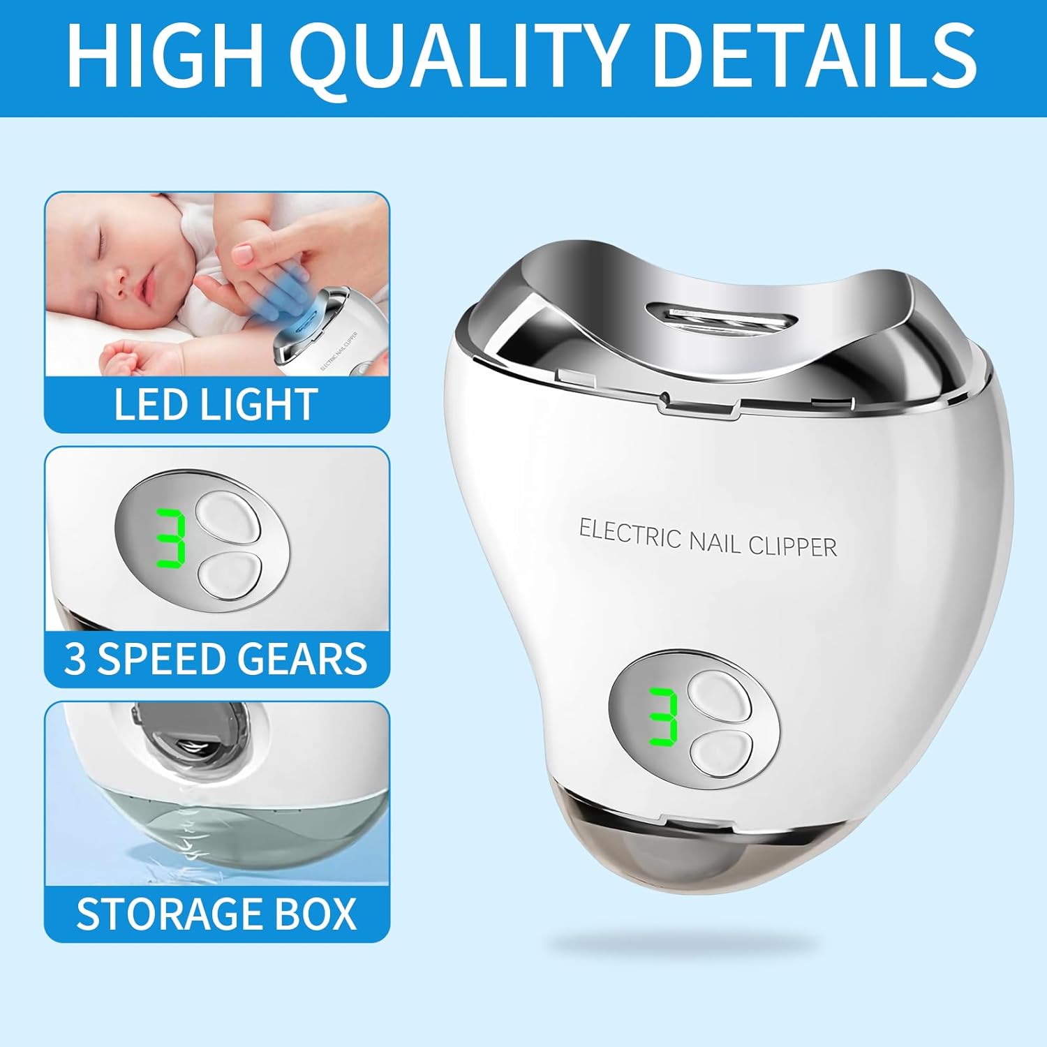 Automatic Electric Nail Clipper with Nail File, 3 Speeds LCD Digital Display and LED Light, USB Rechargeable, Fingernail Trimmer with Nail Clipper Storage Best Gift for Mom Dad Kids, Seniors - Image 7