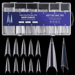 krofaue Extra Long Stiletto Nail Tips - 500PCS False Clear Nais with 10 Sizes Half Cover Pointed Press On Artificial Acrylic for Salon DIY, XL