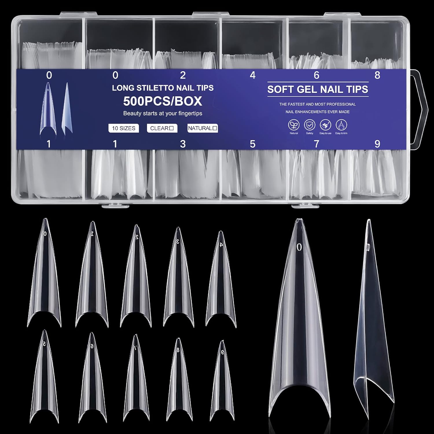 krofaue Extra Long Stiletto Nail Tips - 500PCS False Clear Nais with 10 Sizes Half Cover Pointed Press On Artificial Acrylic for Salon DIY, XL