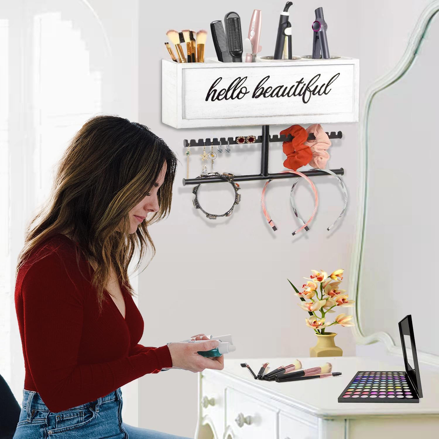 Rustic Hair Dryer Holder Wall Mounted,Hair Styling Tools & Accessories Organizer,Bathroom Supplies & hot Tools vanities Organizer Caddy,for Storage Flat Iron,Blow Dryer,Curling Iron,Towel - Image 5