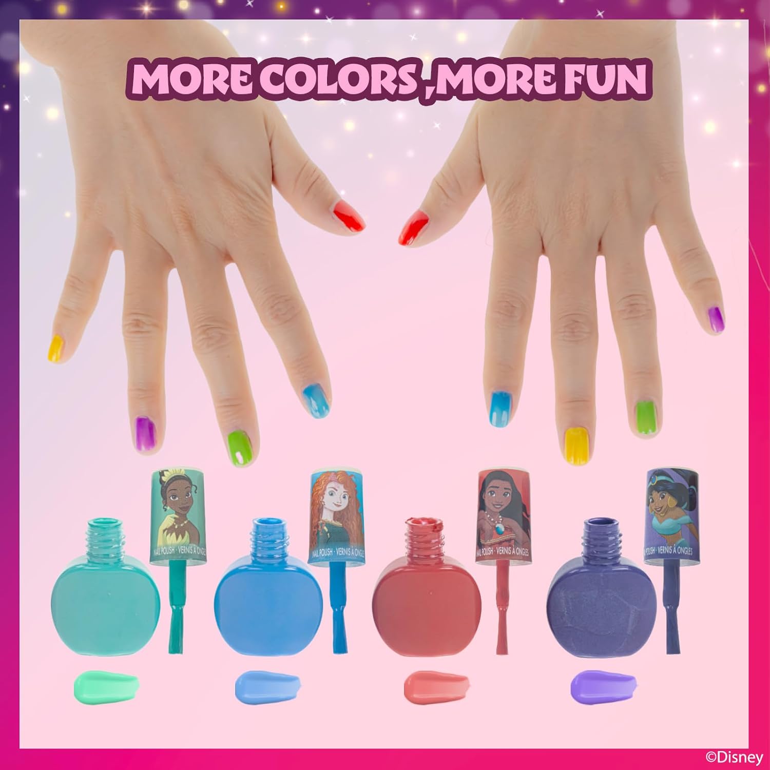 Disney Princess Sparkly Cosmetic Makeup Set for Girls with Lip Gloss Nail Polish Nail Stickers - 11 Pcs|Perfect for Parties Sleepovers Makeovers Birthday Gift for Girls 3+ - Image 6