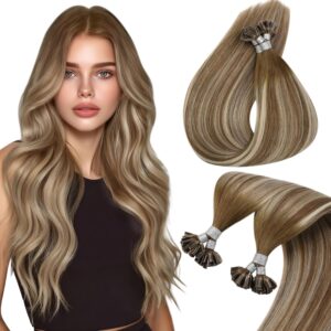 Sunny Hair U Tip Hair Extensions Human Hair 18inch K Tip Hair Extensions Real Human Hair Balayage Medium Brown to Platinum Blonde Utip Hair Extensions Human Hair for Daily Use 50g