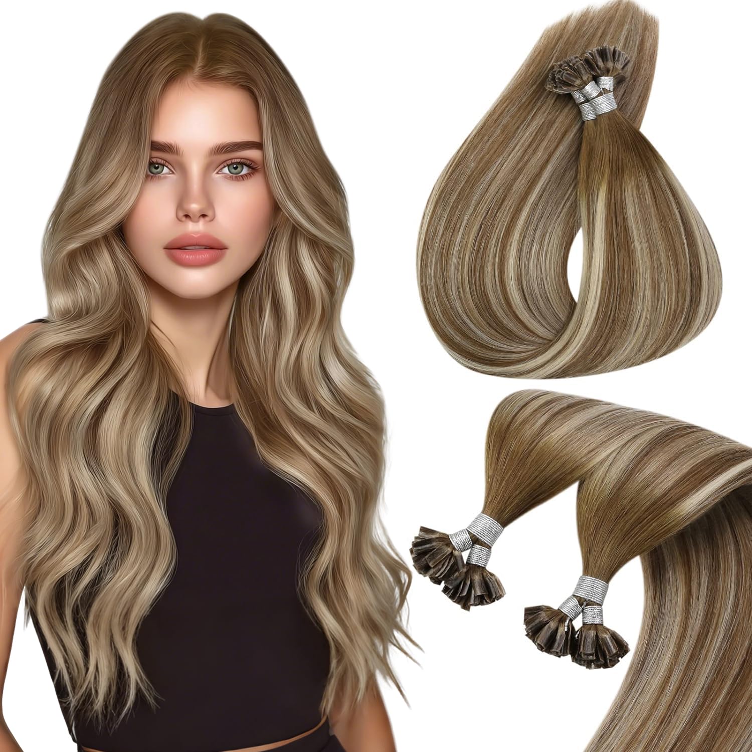 Sunny Hair U Tip Hair Extensions Human Hair 18inch K Tip Hair Extensions Real Human Hair Balayage Medium Brown to Platinum Blonde Utip Hair Extensions Human Hair for Daily Use 50g