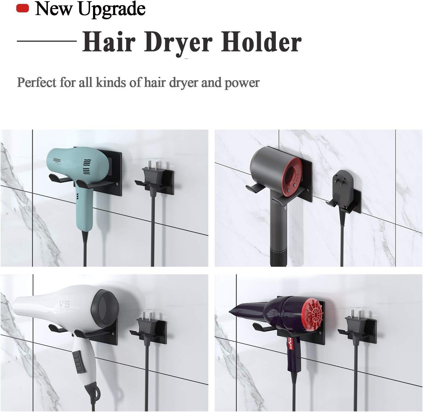 Self Adhesive Hair Dryer Holder Wall Mounted - Adhesive Bathroom Hair Blow Dryer Rack Organizer Compatible with Supersonic Hair Dryers (Black) - Image 2