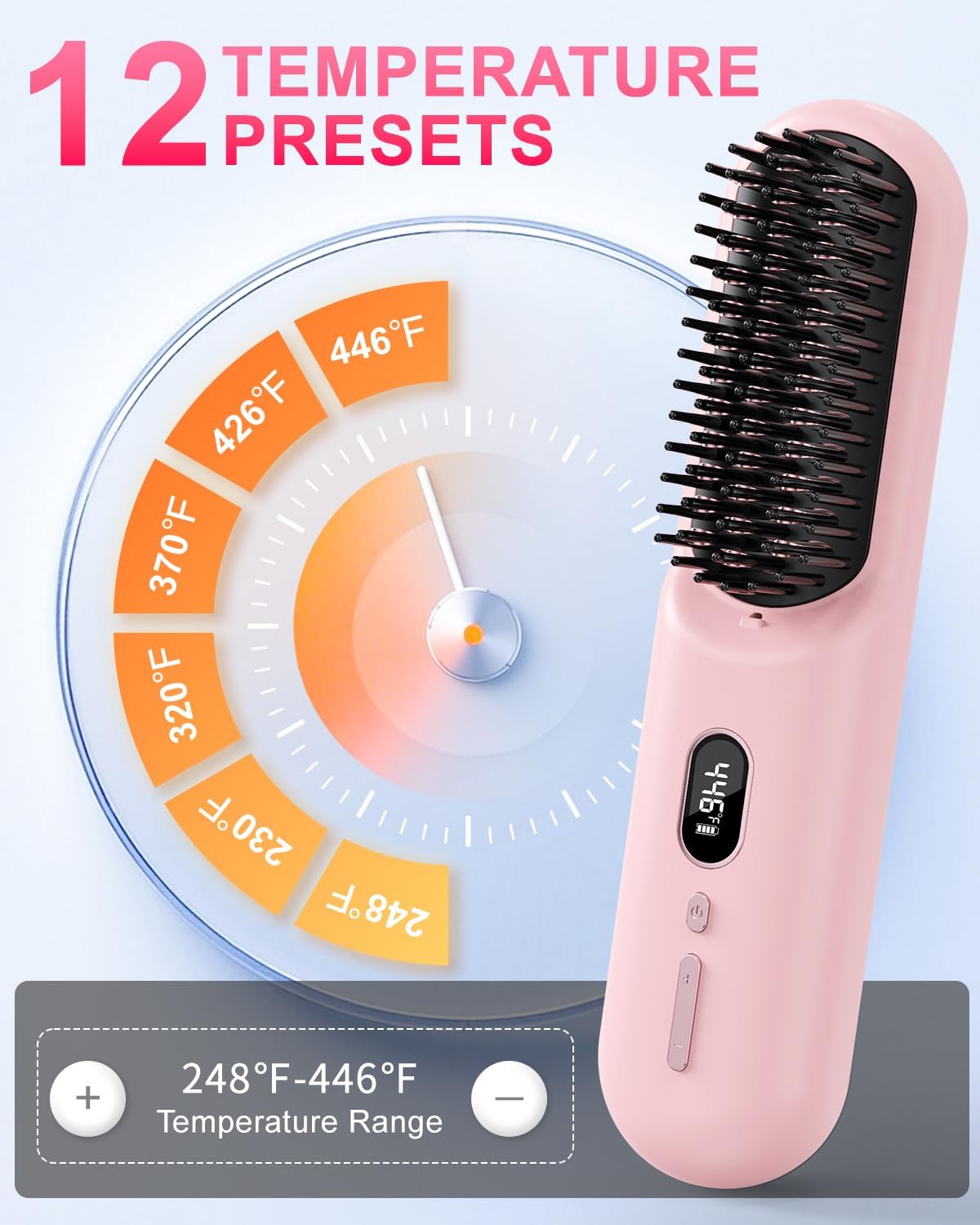 Cordless Hair Straightener Brush with 200 Million Anion, Portable Comb for Travel with LCD Display, 2 Clips - Pink - Image 3