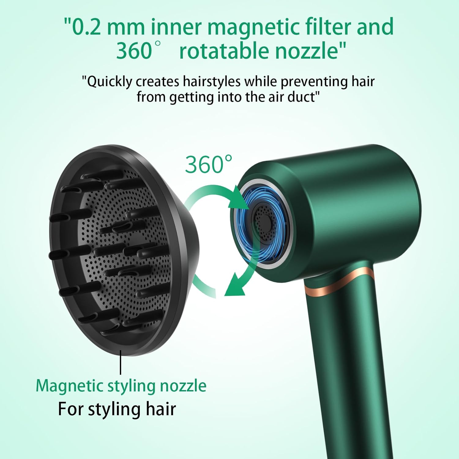 Hair Dryer - 110000 RPM High-Speed Brushless Motor Negative Ionic Blow Dryer for Fast Drying, Low Noise Thermo-Control Hair-Dryer-2 Speed ββand 3 Heat Settings, Cold Air Button with 1 Diffuser-Green - Image 6