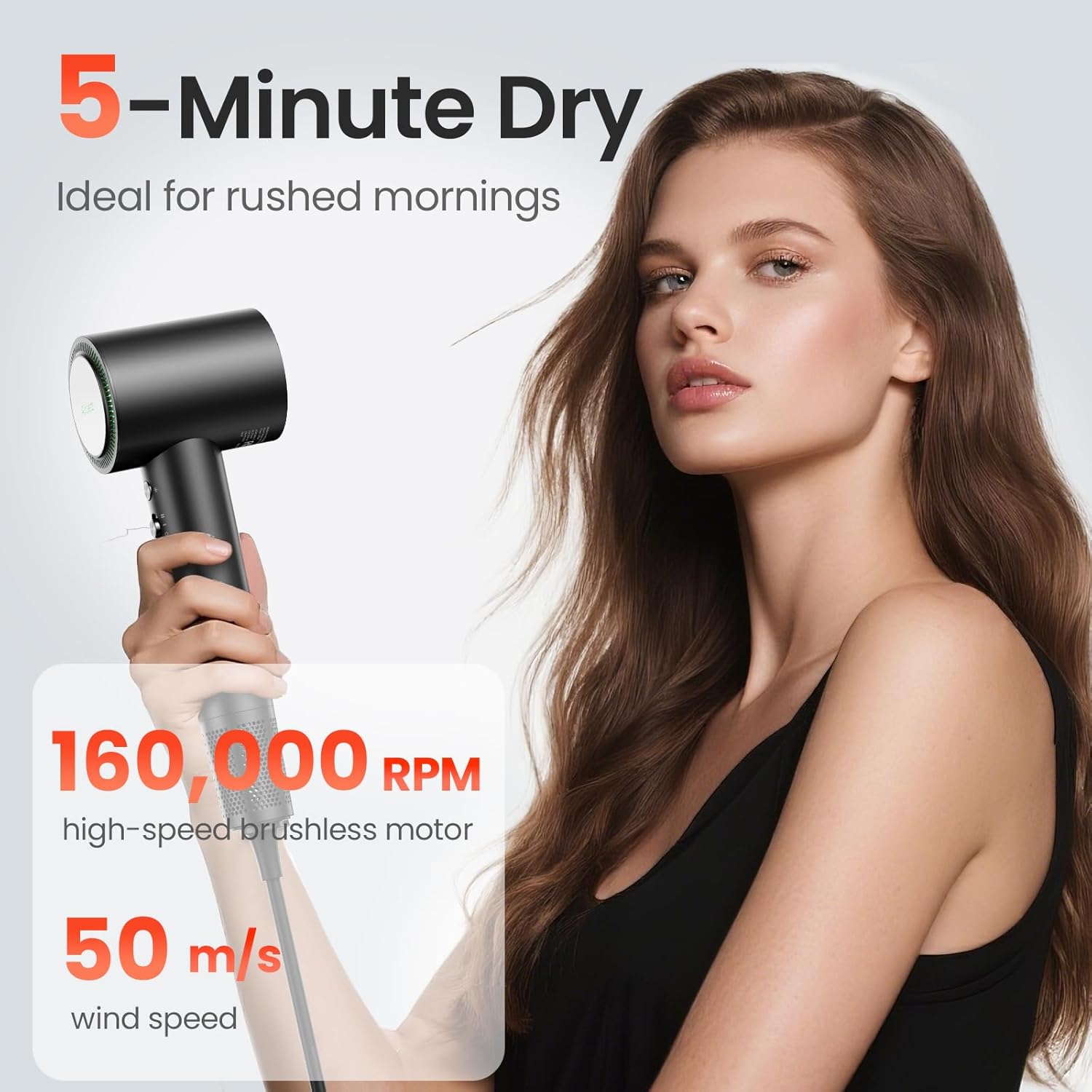 Hair Dryer, 160,000 RPM High-Speed Ionic Blow Dryer for Fast Drying, Professional Lightweight Hairdryer with Diffuser, Magnetic Nozzle, 4 Temps & 2 Speeds, Low Noise for Travel - Black - Image 2
