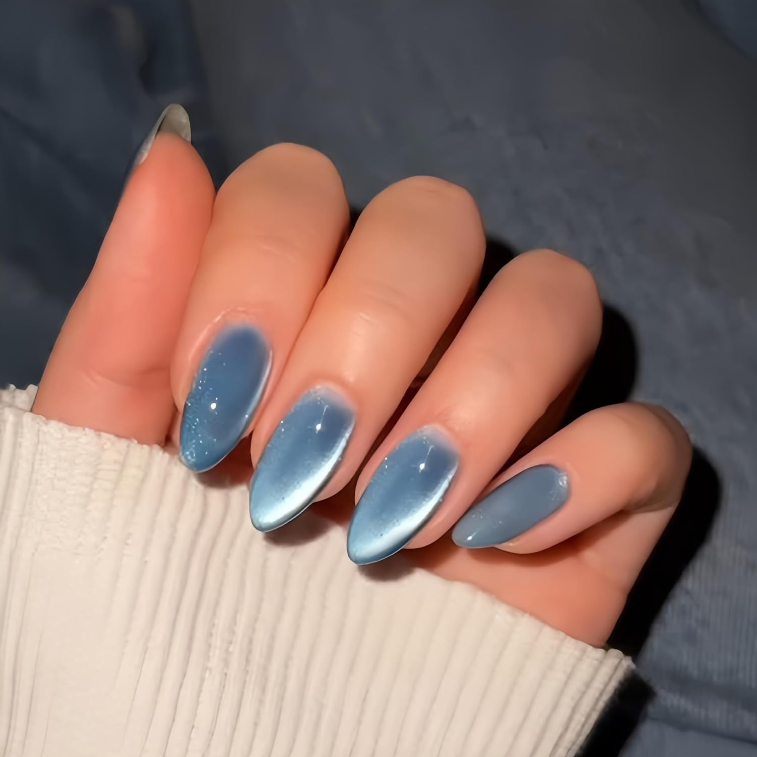 KQueenest Cat Eye Press on Nails Almond Shape, 30 Pcs Glitter Baby Blue Fake Nails Medium, Thick Sparkly Glass Nails Press on, Shiny Acrylic Nails, Cute Bling Stick on Nails for Women - Image 2