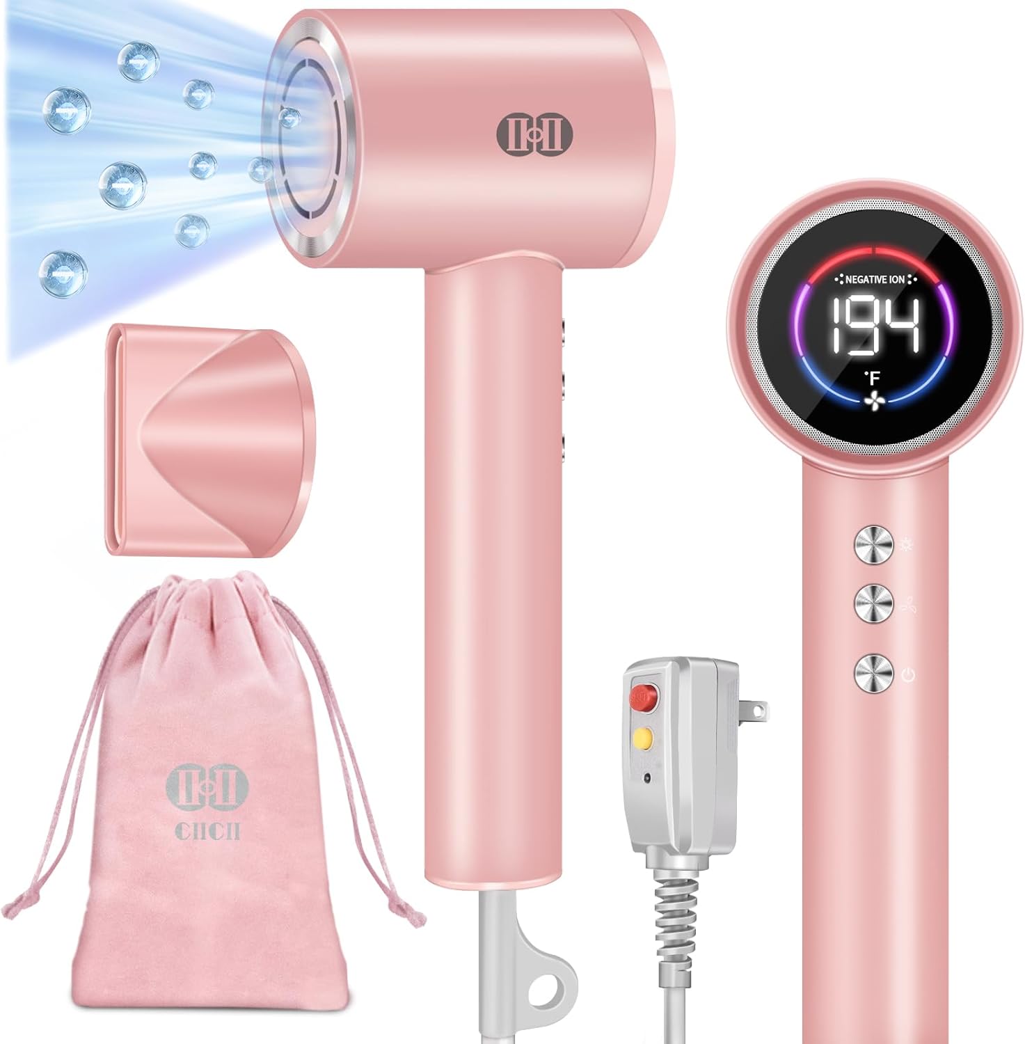 CIICII Negative Ionic Hair Dryer Professional, 120000RPM High Speed Blow Dryer (1600W Brushless/ 3-Speed/ 4-Temp & HD Display & Portable Bag) Fast Drying Hairdryer for Home, Travel & Salon (Pink)