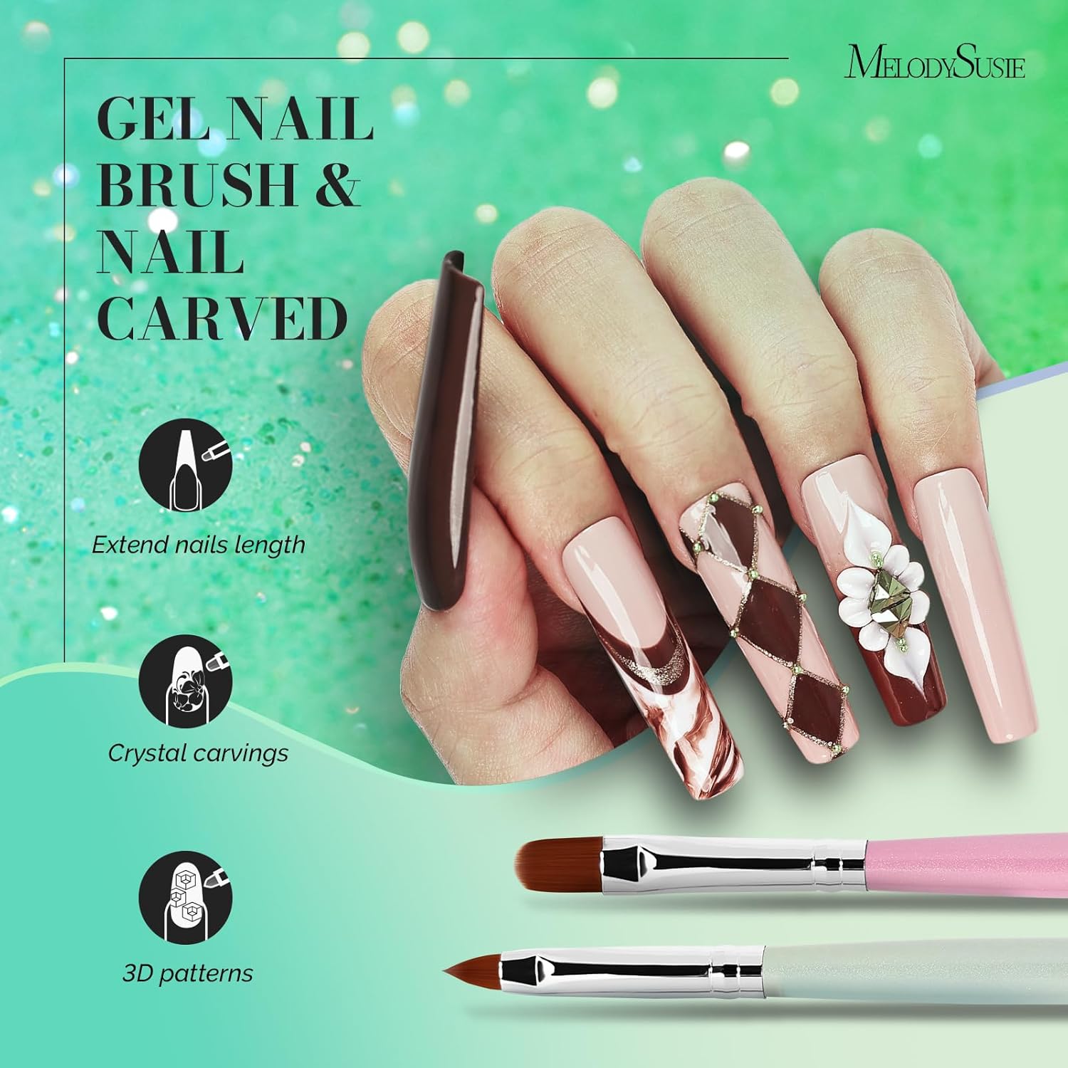 MelodySusie Nail Art Brushes Set,6pcs Nail Art Design Pen Painting Tools with Extension Gel Brush, Polish Brush, Builder Brush,Liner Brush, Carved Brush, and Dotting Pen for Home DIY Salon Use - Image 3
