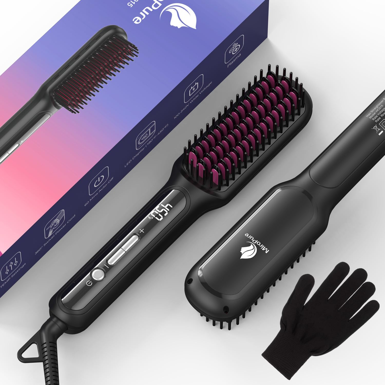MiroPure Hair Straightener Brush with Plasma Technique, Ceramic Straightening Brush with 16 Temp Settings 30s Fast Heating, Hair Straightener Comb for Women with LED Display & Dual Voltage, Black - Image 8